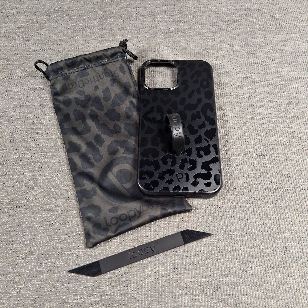 Loopy Original iPhone 14 Pro Max Case Black Cheetah Animal Print Grip Phone Loop